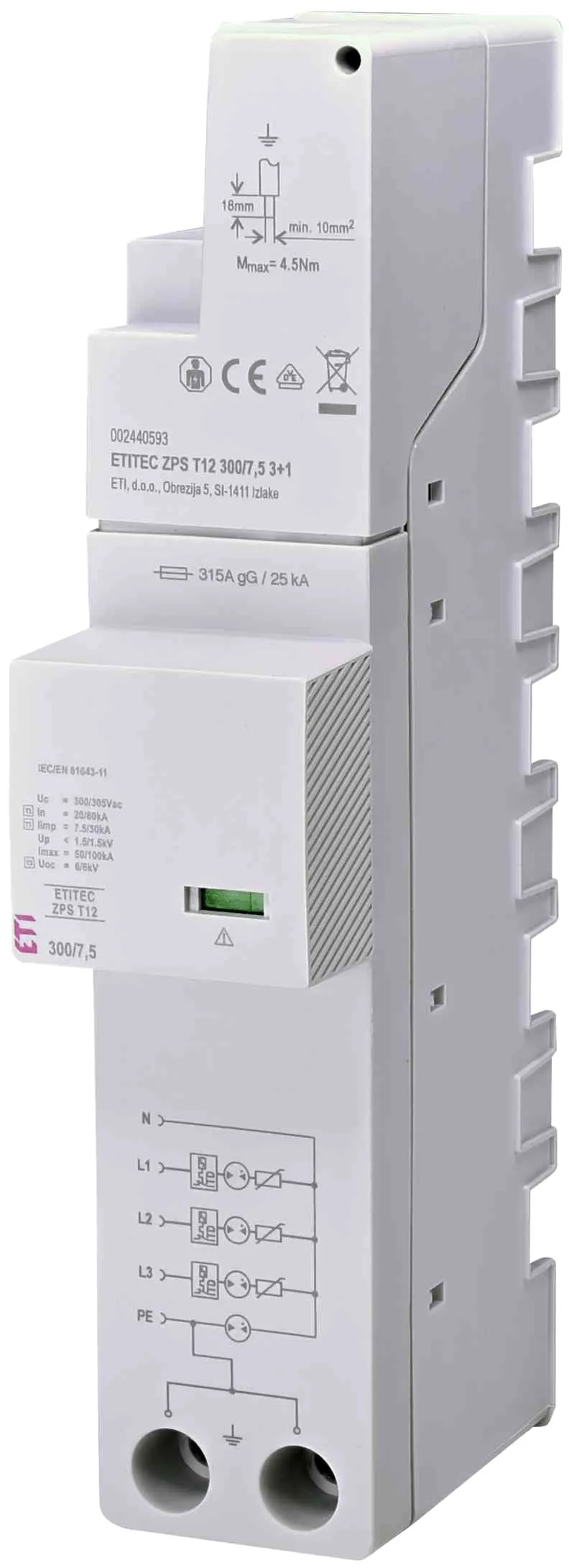 Обмежувач перенапруги ETITEC ZPS T12 300/7,5 3+1 002440593