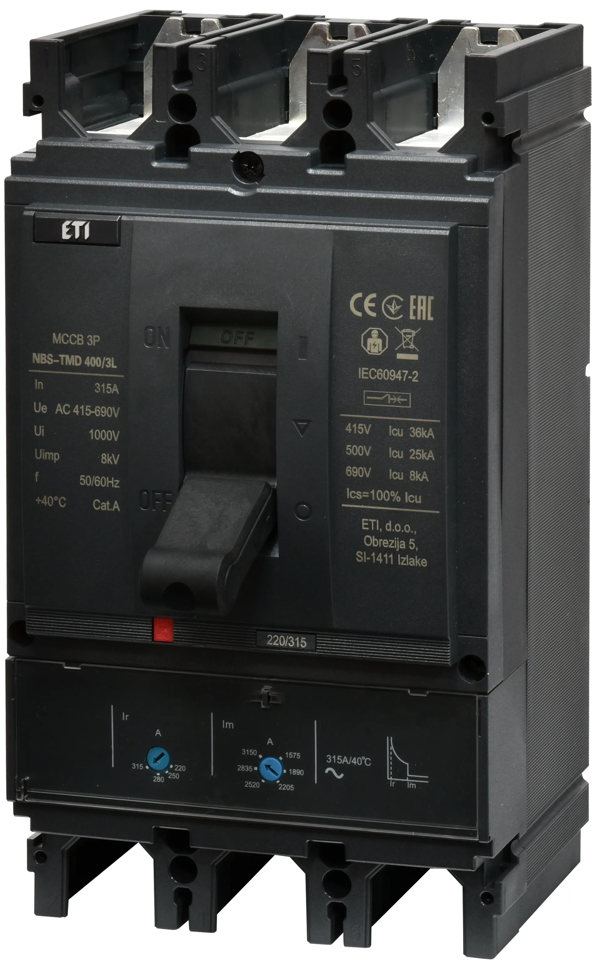 Автоматич. вимикач в литому корпусі NBS-TMD 400/3L 315A 3P 004673101