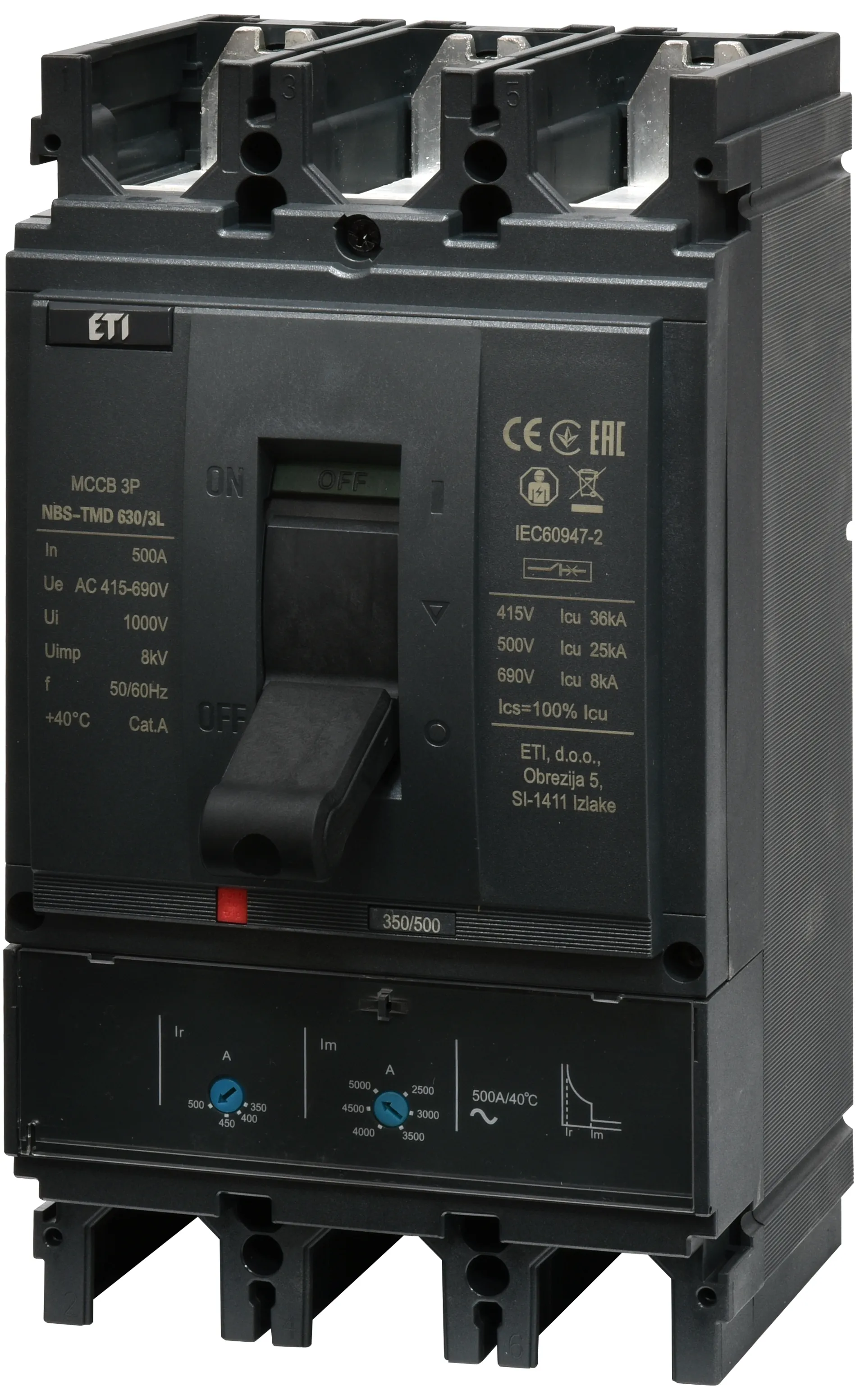 Автоматич. вимикач в литому корпусі NBS-TMD 630/3L 500A 3P 004673131