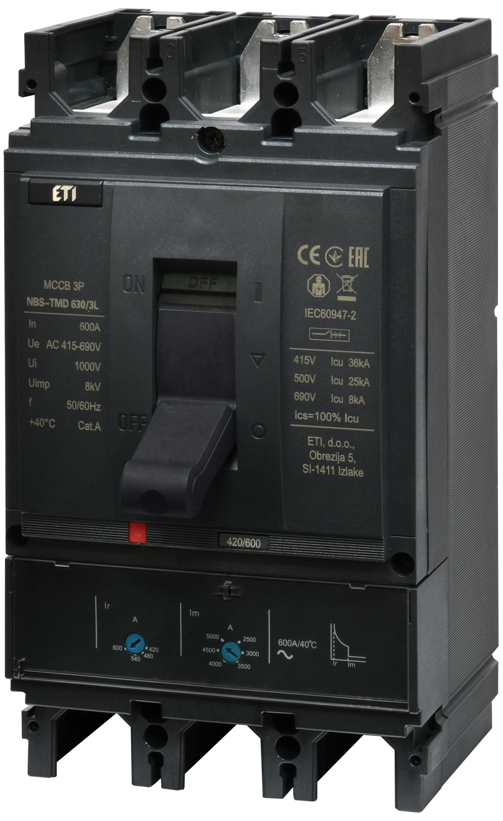 Автоматич. вимикач в литому корпусі NBS-TMD 630/3L 600A 3P 004673132